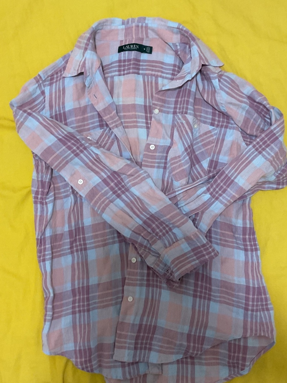 Lauren by Ralph Lauren 100% linen plaid shirt women size M, excellent condition